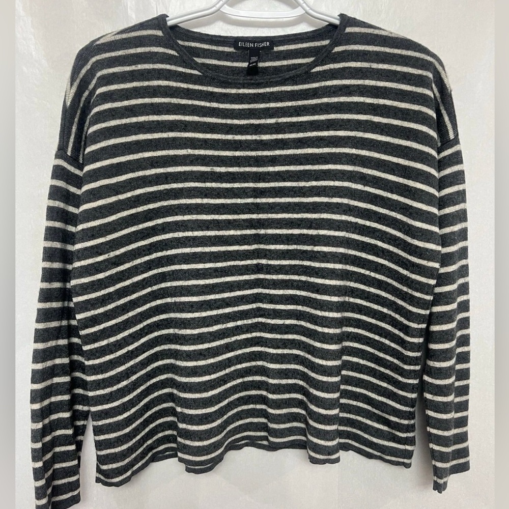 EILEEN FISHER Gray Striped Pullover Sweater Size M